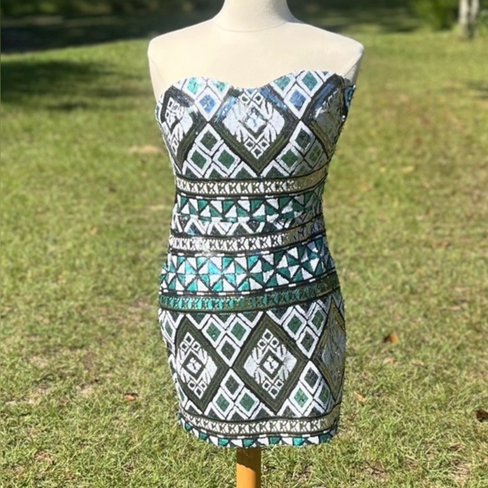 Body Central Geometric Multi-colored Sequined Strapless Mini Dress Size Small